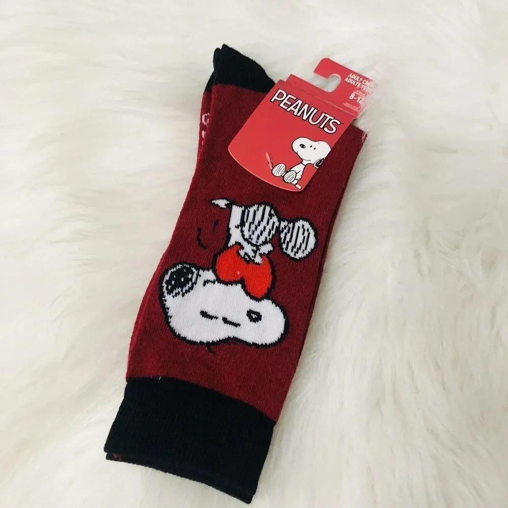 Peanuts Snoopy Adult Crew Socks‎ Burgundy Red Black Bioworld Size 8-12 NWT